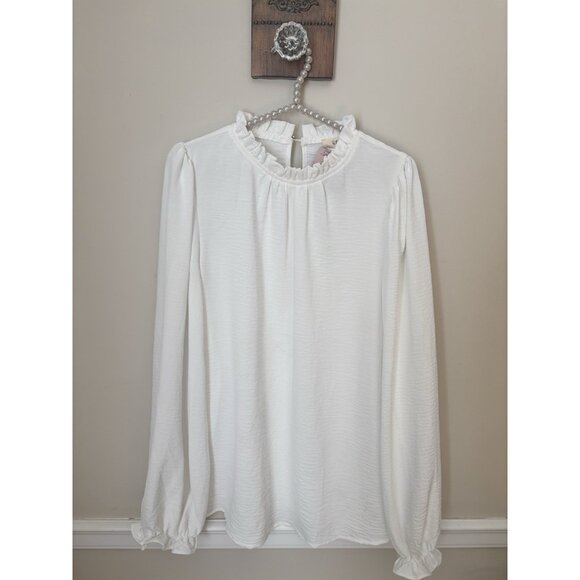 NWT Ott Brand Womens Size L Blouse Off White Long Sleeve Ruffle Trim - Picture 1 of 7
